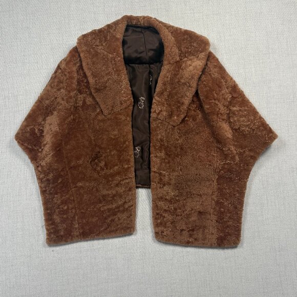 Vintage Faux Fur Shawl Collar Jacket Brown Hook Closure Plush Lined - Picture 2 of 16